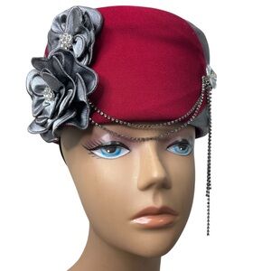 Lisa Rene Red Felt Satin Flower Chain Rhinestone Pillbox-Style Hat